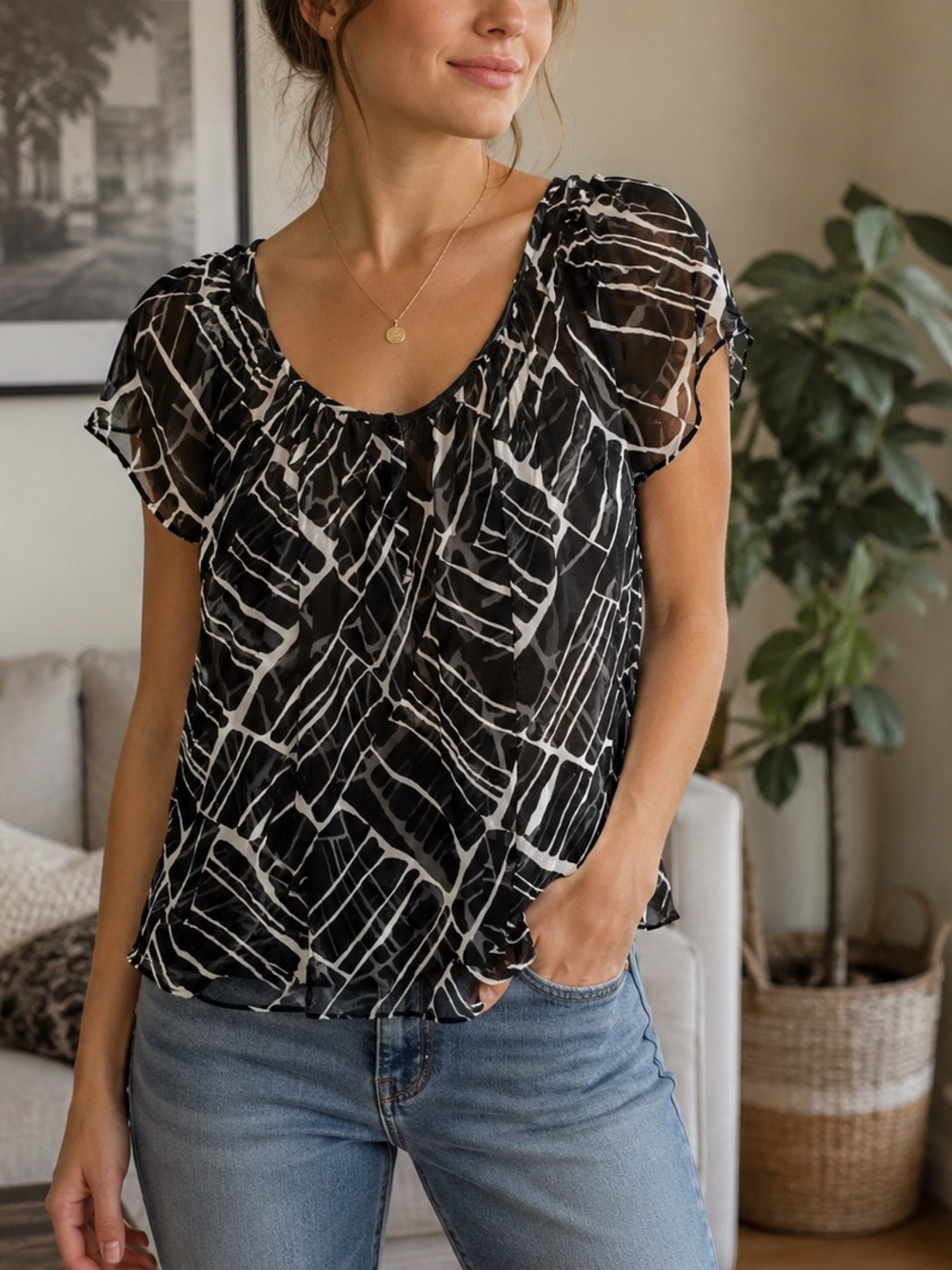 New York & Company Black and White Sheer Patterned Blouse